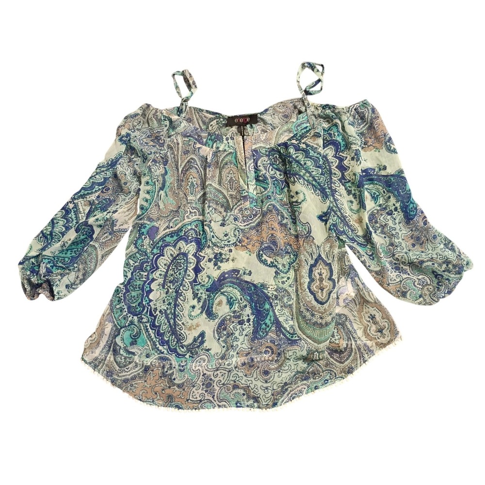 Energie Boho Top Juniors Small Blue Paisley Cold Shoulder Pom Pom